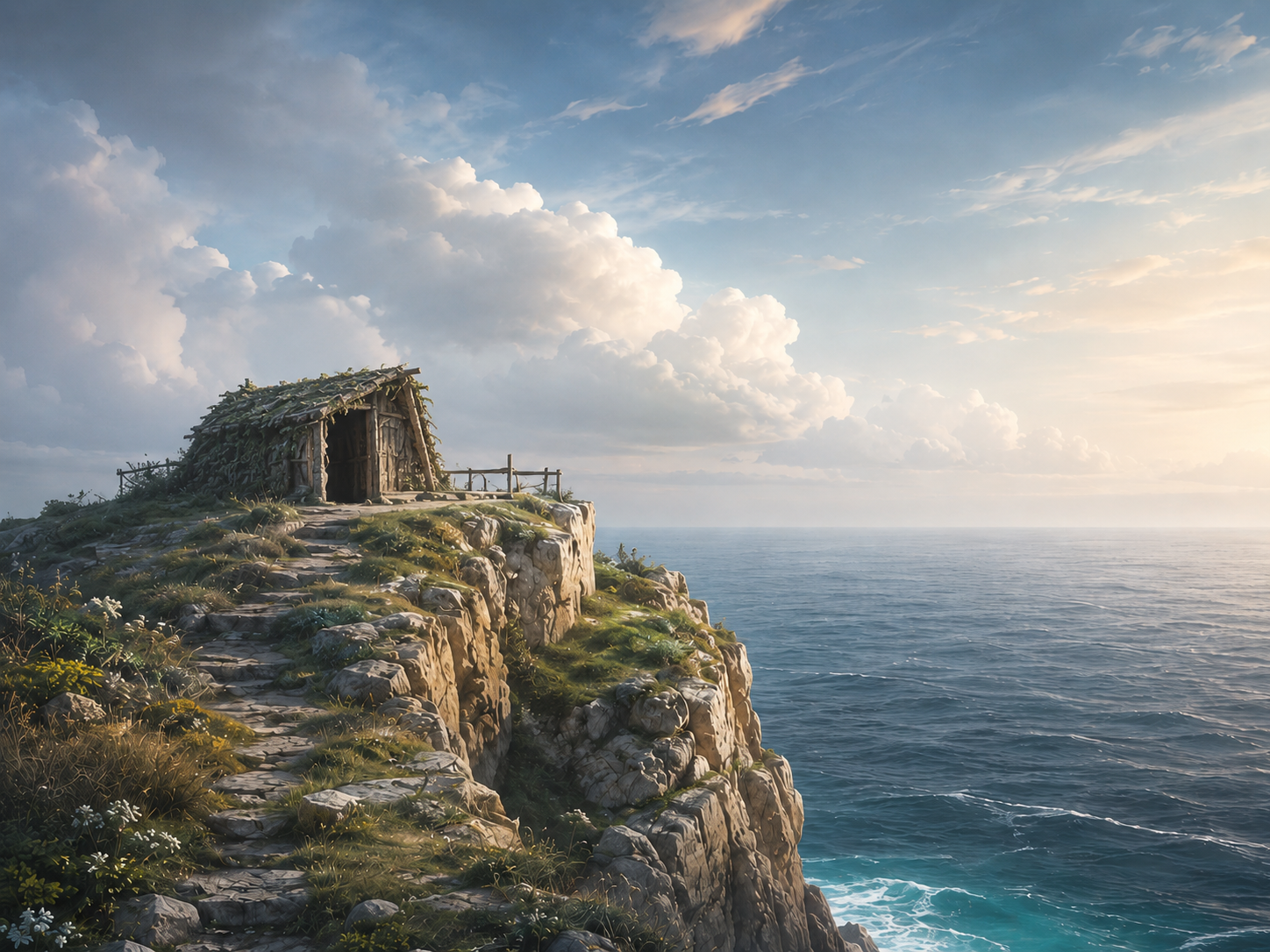 Petite cabane rustique au bord d’une falaise face à la mer